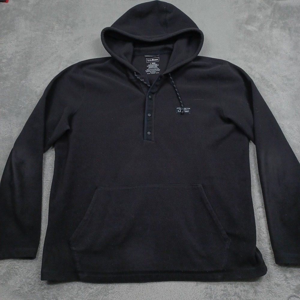 LL Bean Sweater Mens Large Black Fleece Outdoor Pockets Hooded CAsual